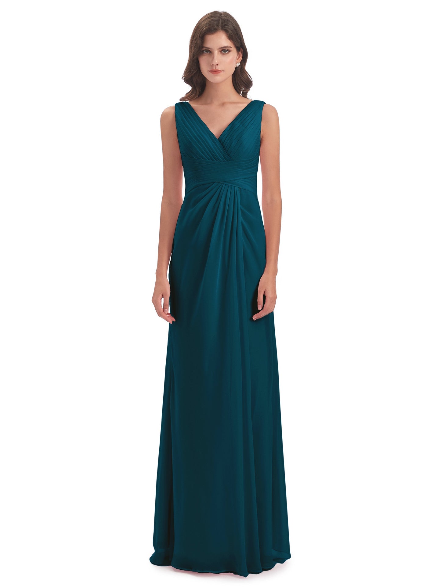 Sheath-Column Floor Length V Neck Chiffon Long Bridesmaid Dresses