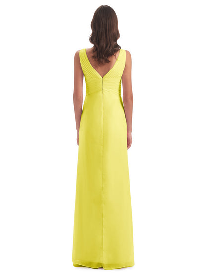 Sheath-Column Floor Length V Neck Chiffon Long Bridesmaid Dresses
