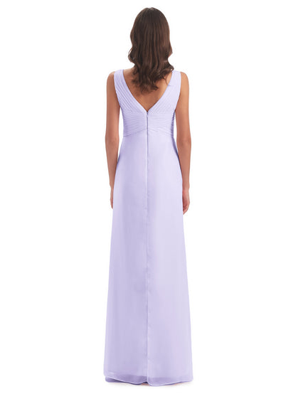 Sheath-Column Floor Length V Neck Chiffon Long Bridesmaid Dresses
