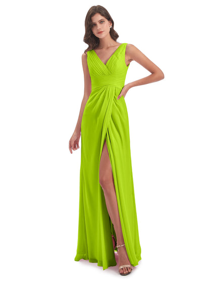 Sheath-Column Floor Length V Neck Chiffon Long Bridesmaid Dresses