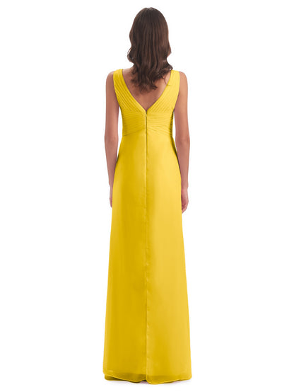 Sheath-Column Floor Length V Neck Chiffon Long Bridesmaid Dresses