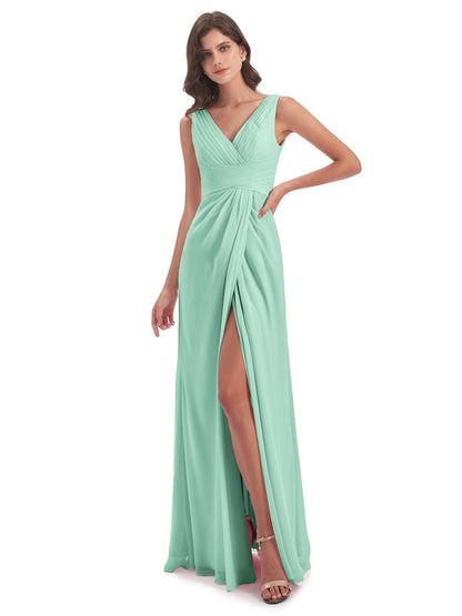 Sheath-Column Floor Length V Neck Chiffon Long Bridesmaid Dresses