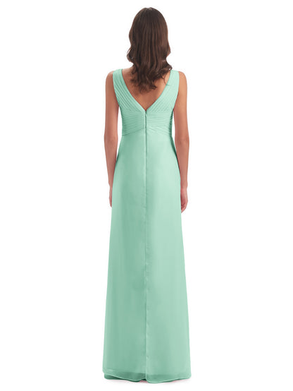 Sheath-Column Floor Length V Neck Chiffon Long Bridesmaid Dresses