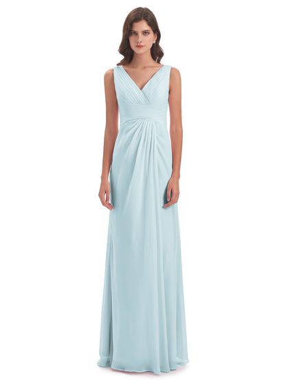 Sheath-Column Floor Length V Neck Chiffon Long Bridesmaid Dresses