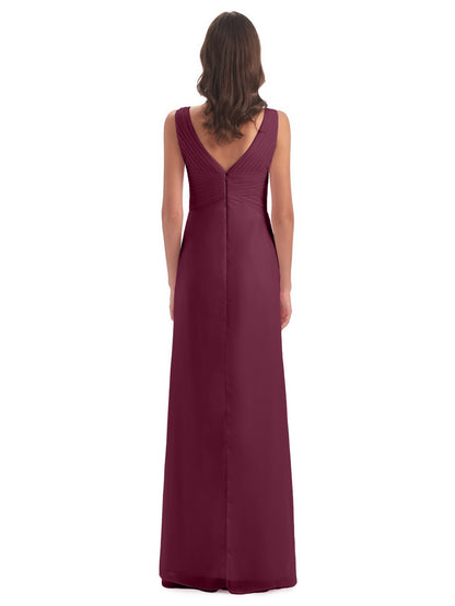Sheath-Column Floor Length V Neck Chiffon Long Bridesmaid Dresses