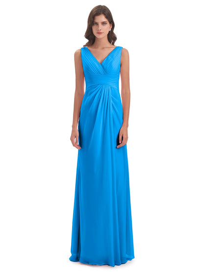 Sheath-Column Floor Length V Neck Chiffon Long Bridesmaid Dresses