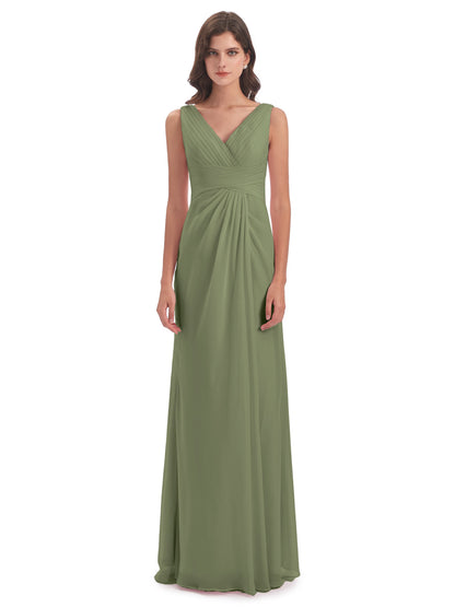 Sheath-Column Floor Length V Neck Chiffon Long Bridesmaid Dresses