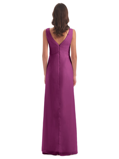 Sheath-Column Floor Length V Neck Chiffon Long Bridesmaid Dresses