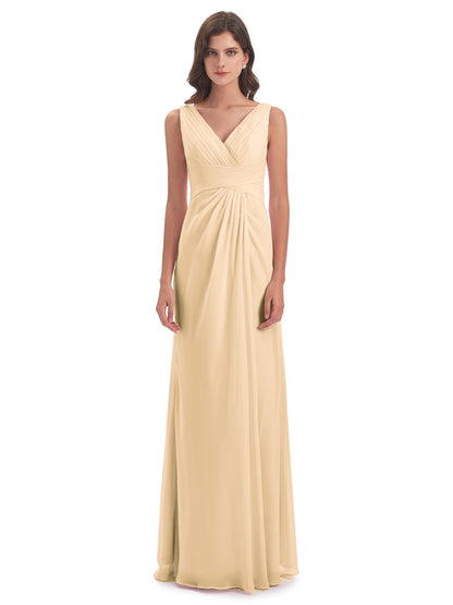 Sheath-Column Floor Length V Neck Chiffon Long Bridesmaid Dresses