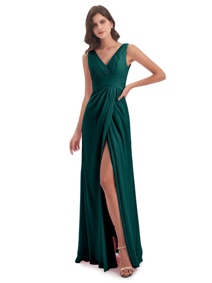 Sheath-Column Floor Length V Neck Chiffon Long Bridesmaid Dresses