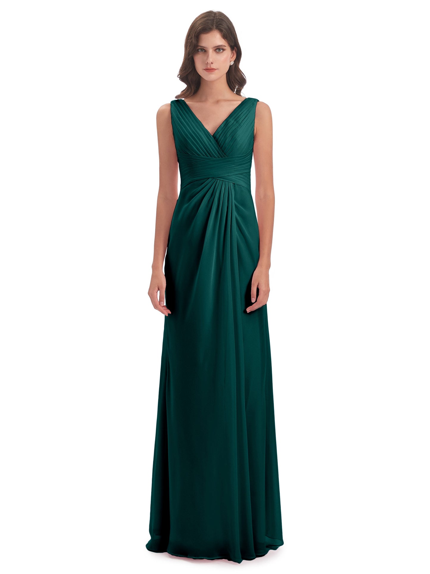Sheath-Column Floor Length V Neck Chiffon Long Bridesmaid Dresses