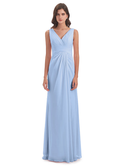 Sheath-Column Floor Length V Neck Chiffon Long Bridesmaid Dresses