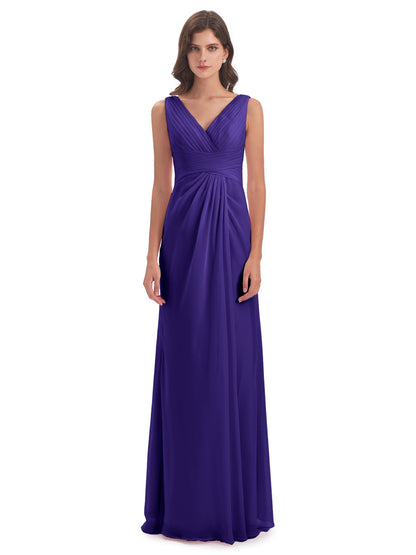 Sheath-Column Floor Length V Neck Chiffon Long Bridesmaid Dresses