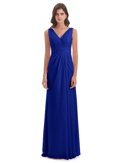 Sheath-Column Floor Length V Neck Chiffon Long Bridesmaid Dresses