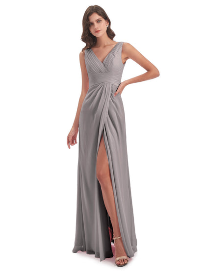 Sheath-Column Floor Length V Neck Chiffon Long Bridesmaid Dresses