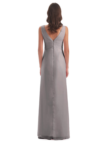 Sheath-Column Floor Length V Neck Chiffon Long Bridesmaid Dresses
