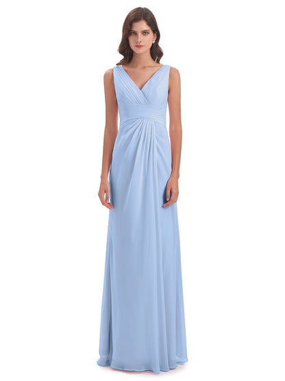Sheath-Column Floor Length V Neck Chiffon Long Bridesmaid Dresses