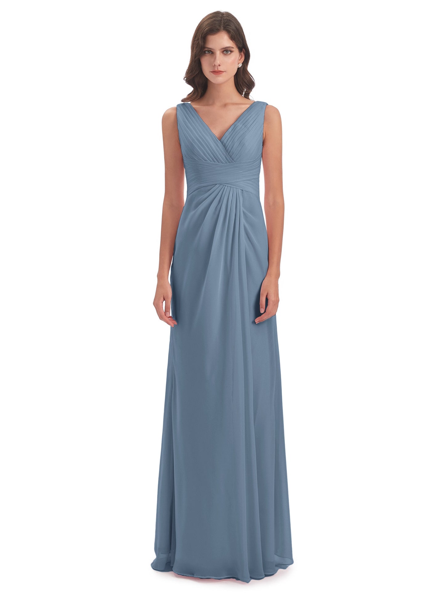 Sheath-Column Floor Length V Neck Chiffon Long Bridesmaid Dresses