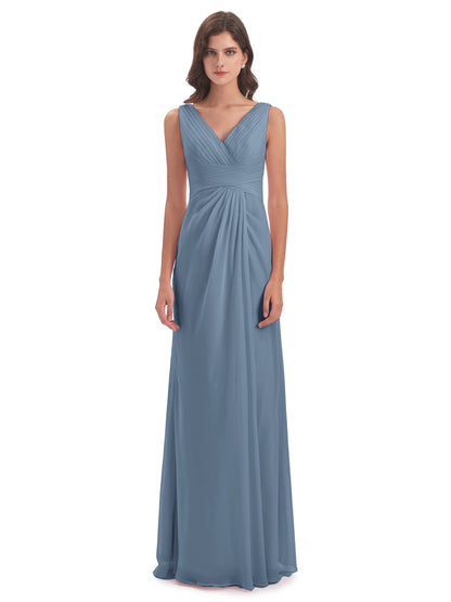 Sheath-Column Floor Length V Neck Chiffon Long Bridesmaid Dresses