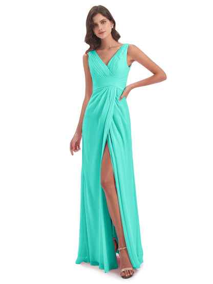 Sheath-Column Floor Length V Neck Chiffon Long Bridesmaid Dresses