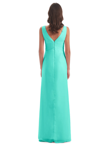 Sheath-Column Floor Length V Neck Chiffon Long Bridesmaid Dresses