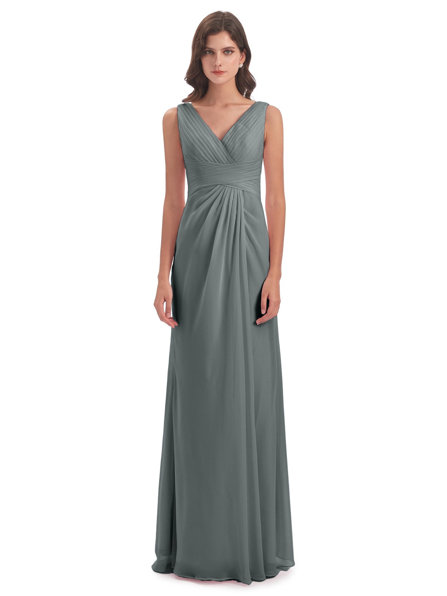 Sheath-Column Floor Length V Neck Chiffon Long Bridesmaid Dresses