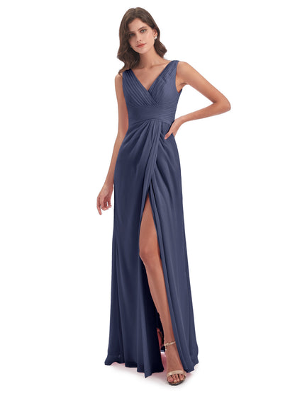 Sheath-Column Floor Length V Neck Chiffon Long Bridesmaid Dresses