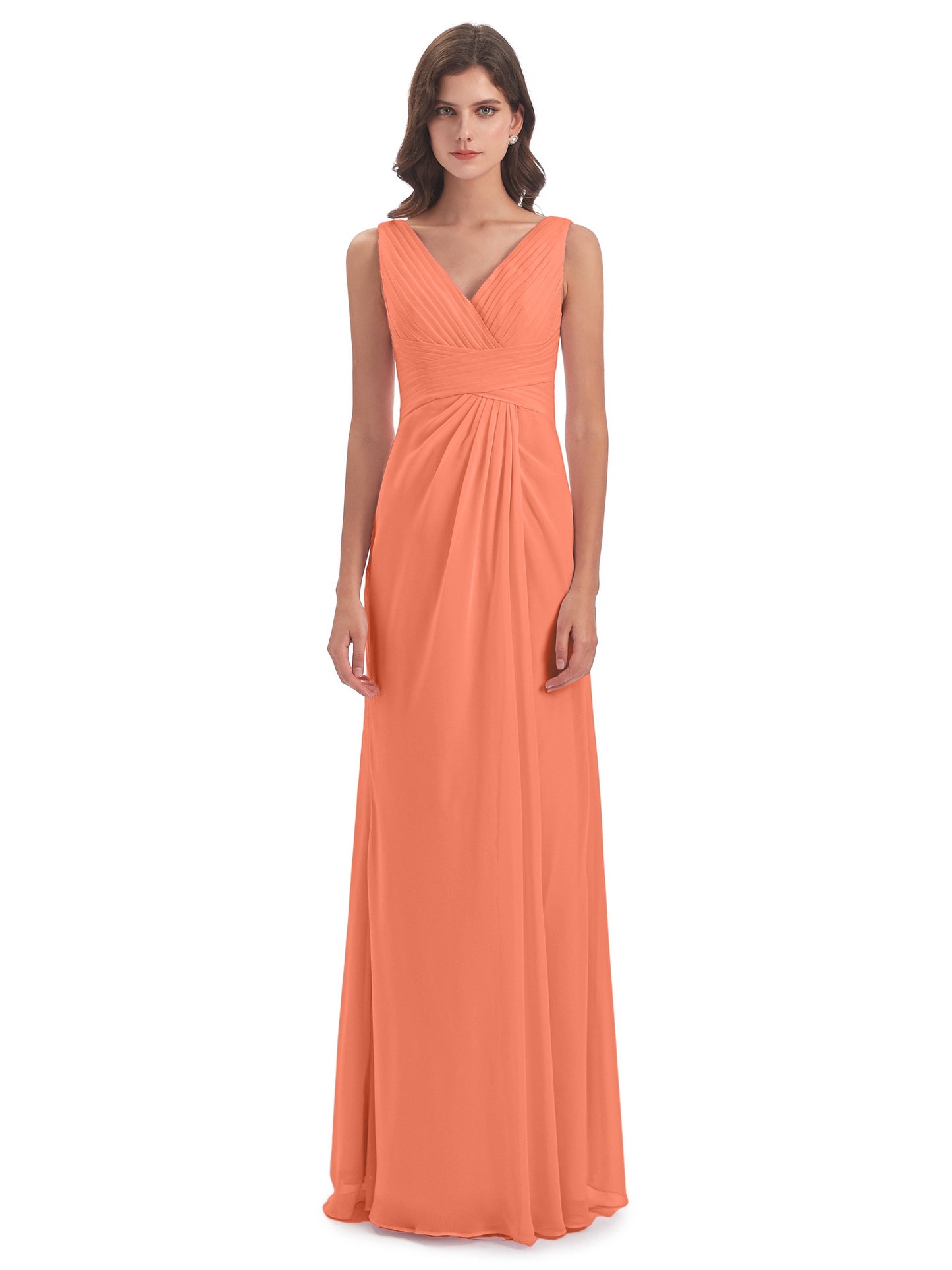 Sheath-Column Floor Length V Neck Chiffon Long Bridesmaid Dresses