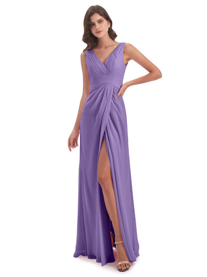 Sheath-Column Floor Length V Neck Chiffon Long Bridesmaid Dresses