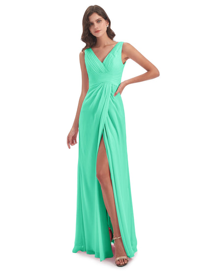 Sheath-Column Floor Length V Neck Chiffon Long Bridesmaid Dresses