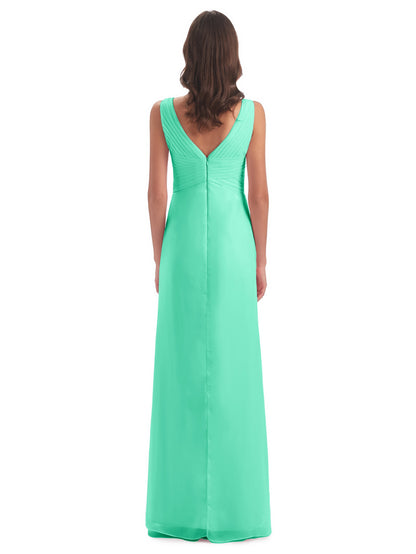 Sheath-Column Floor Length V Neck Chiffon Long Bridesmaid Dresses