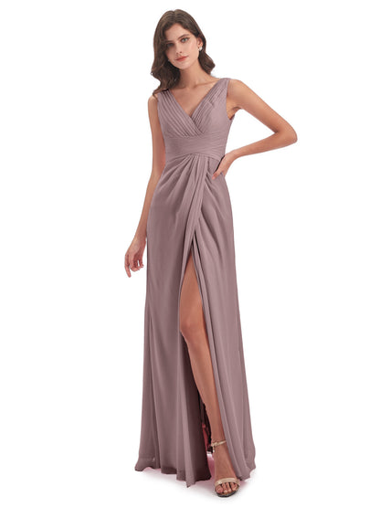 Sheath-Column Floor Length V Neck Chiffon Long Bridesmaid Dresses
