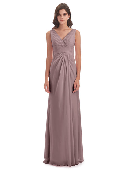 Sheath-Column Floor Length V Neck Chiffon Long Bridesmaid Dresses