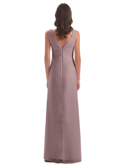 Sheath-Column Floor Length V Neck Chiffon Long Bridesmaid Dresses