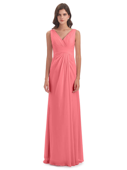 Sheath-Column Floor Length V Neck Chiffon Long Bridesmaid Dresses