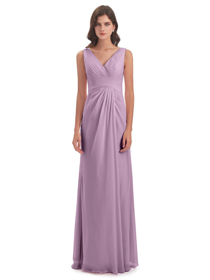 Sheath-Column Floor Length V Neck Chiffon Long Bridesmaid Dresses