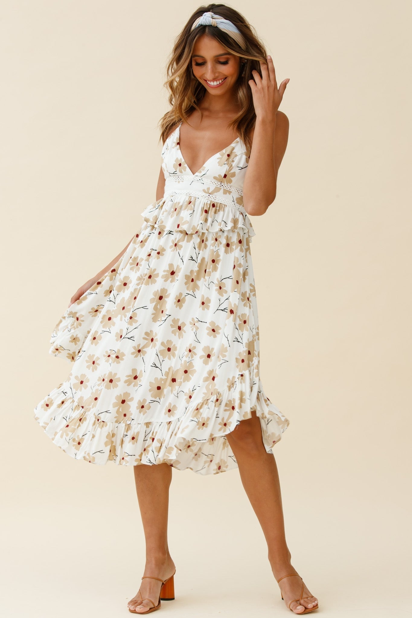Marigold Peplum Midi Ruffle Dress Floral Print White