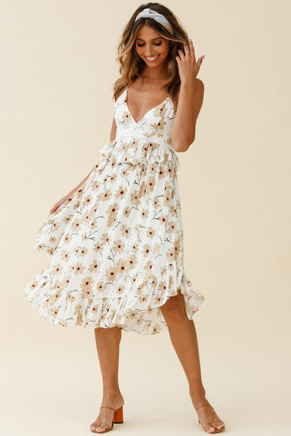 Marigold Peplum Midi Ruffle Dress Floral Print White