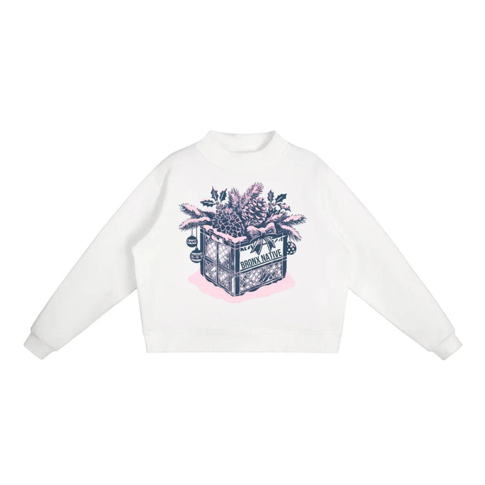 White hoodie with Bronx Native holiday crate design, pine, holly, ornaments