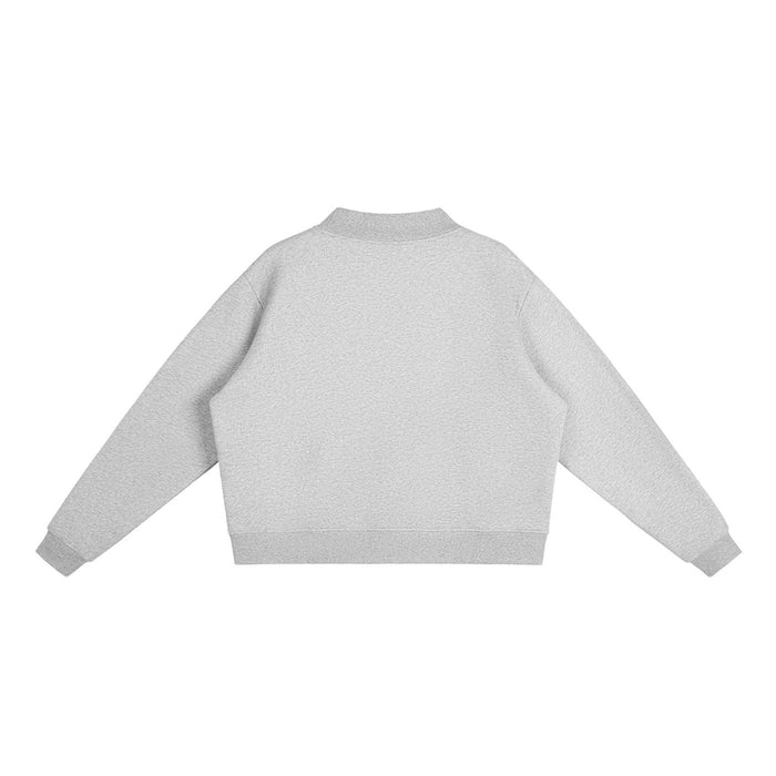 Gray cropped sweatshirt with long sleeves, back view, urban streetwear style
