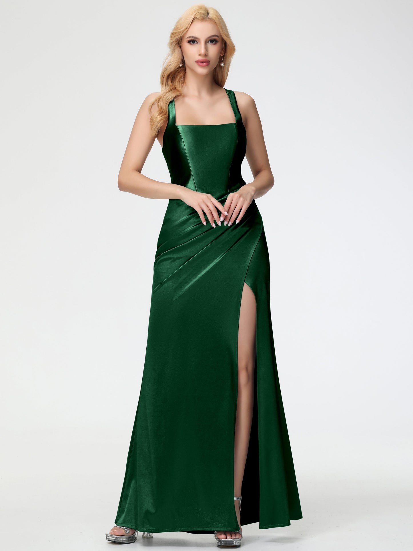 Dark Green Bridesmaid Dresses Straps Ruched Floor Length Sheath Bridesmaid Dress With Slit