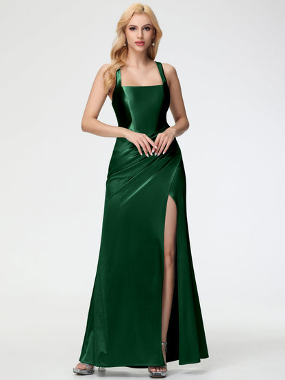 Dark Green Bridesmaid Dresses Straps Ruched Floor Length Sheath Bridesmaid Dress With Slit