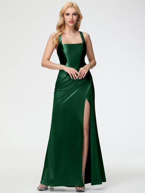 Dark Green Bridesmaid Dresses Straps Ruched Floor Length Sheath Bridesmaid Dress With Slit