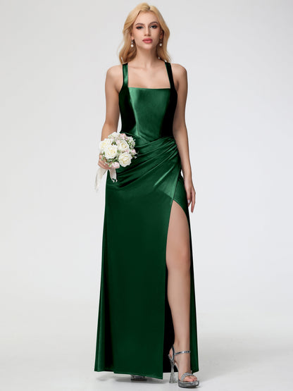 Dark Green Bridesmaid Dresses Straps Ruched Floor Length Sheath Bridesmaid Dress With Slit