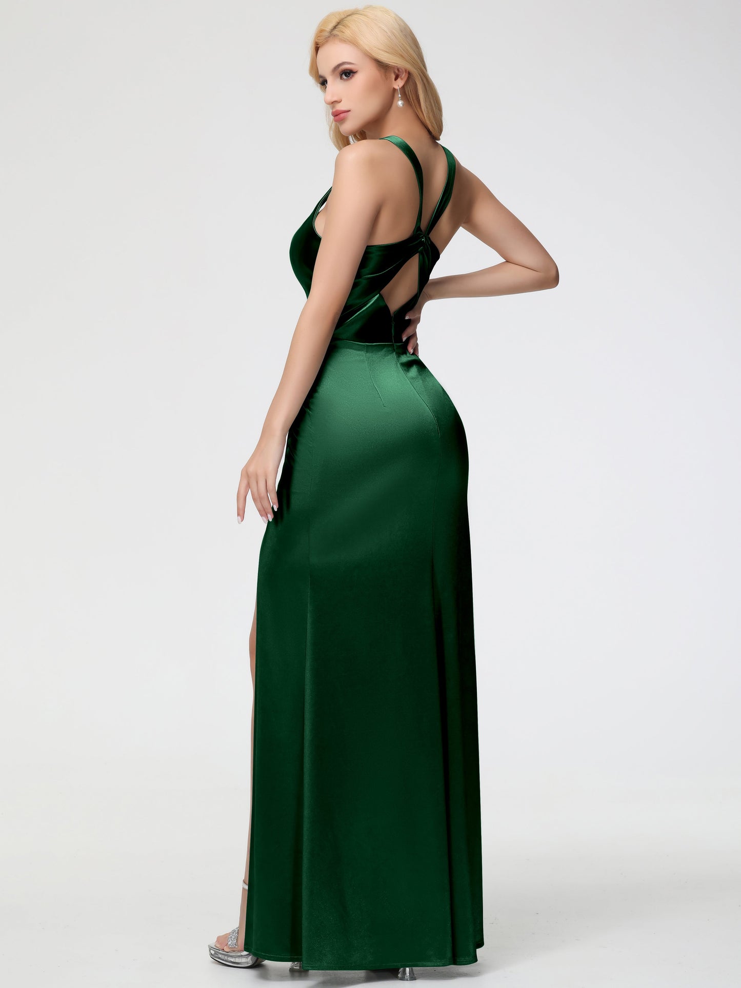 Dark Green Bridesmaid Dresses Straps Ruched Floor Length Sheath Bridesmaid Dress With Slit
