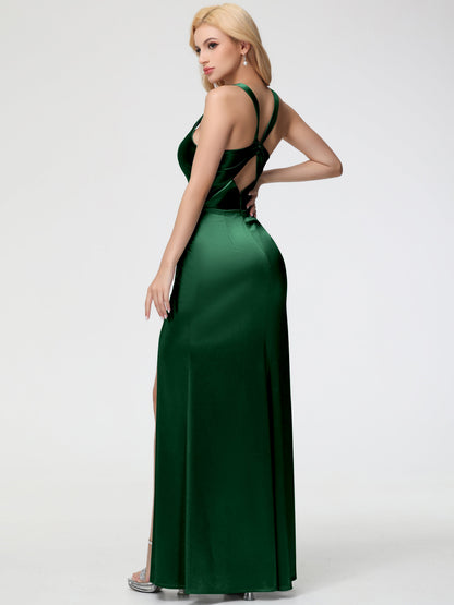Dark Green Bridesmaid Dresses Straps Ruched Floor Length Sheath Bridesmaid Dress With Slit