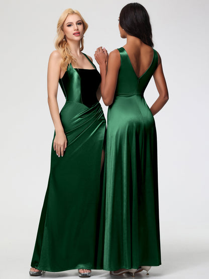 Dark Green Bridesmaid Dresses Straps Ruched Floor Length Sheath Bridesmaid Dress With Slit