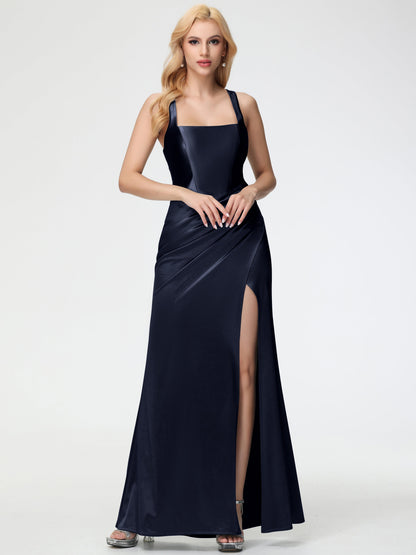 Dark Navy Bridesmaid Dresses Straps Ruched Floor Length Sheath Bridesmaid Dress With Slit