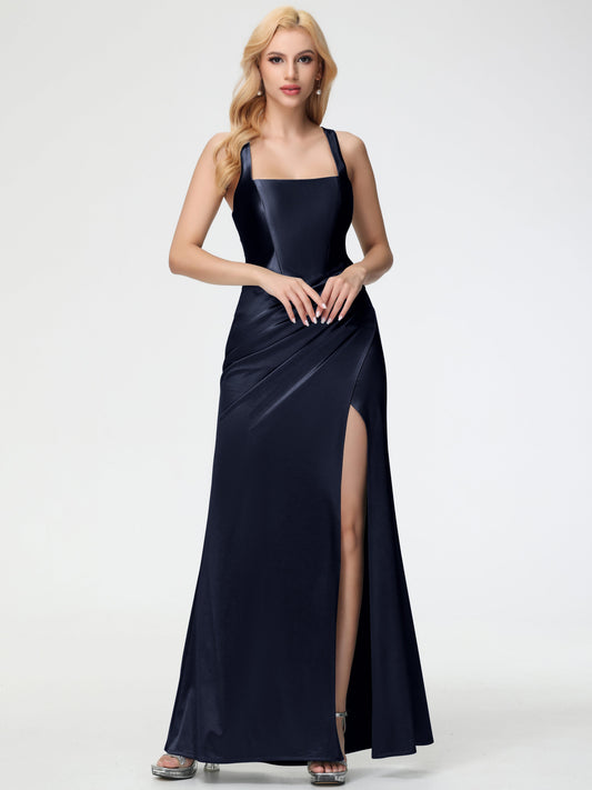 Dark Navy Bridesmaid Dresses Straps Ruched Floor Length Sheath Bridesmaid Dress With Slit