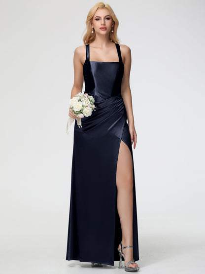 Dark Navy Bridesmaid Dresses Straps Ruched Floor Length Sheath Bridesmaid Dress With Slit